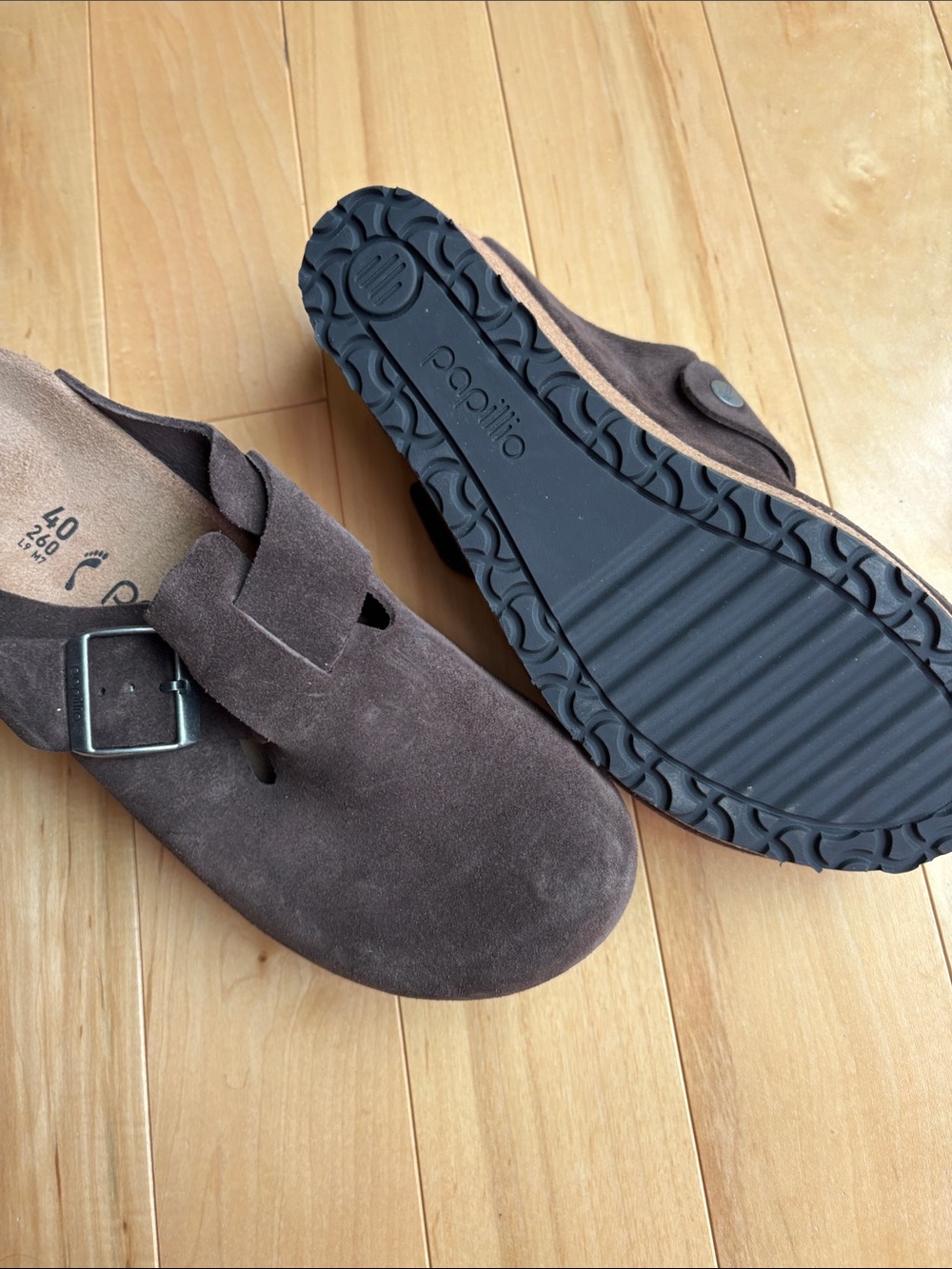 Papillio Brown Suede Clog Mules with Buckle - Picture 2 of 3
